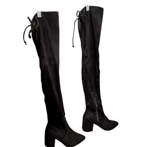 Bisou Bisou Black Suede 6 Tie Women's Thigh High Over Knee Boots Shoes